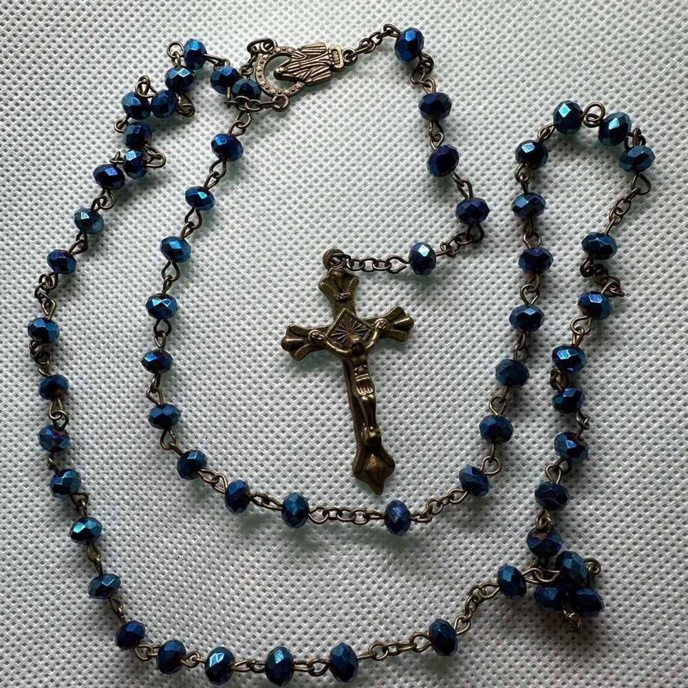 Elegant Blue and Gold Rosary Necklace